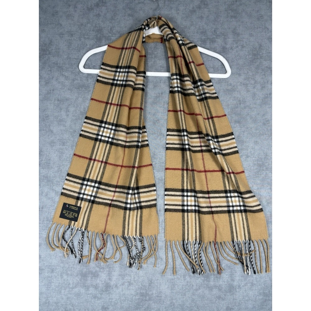 V Fraas Cashmink Plaid Scarf Beige Nova Check Fringe Made In Germany 60x11